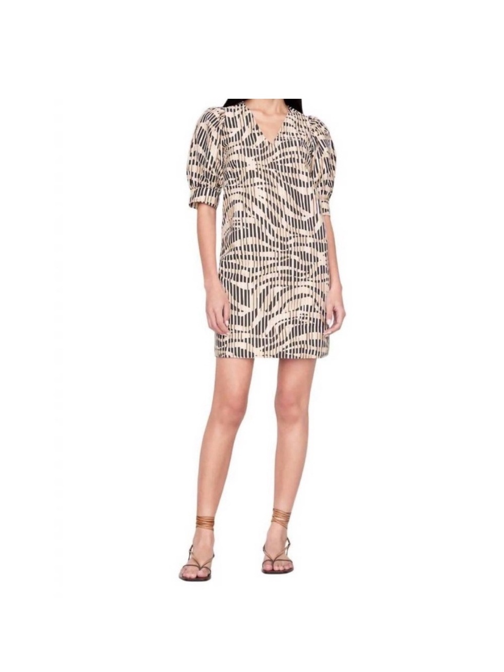 Marie Oliver Beige and Black Printed V-Neck Mini Dress #1187